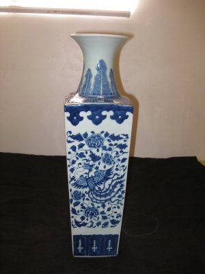 Antique Chinese Porcelain Large Square Blue And White Phoenix Vase