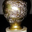 ANTIQUE CHINESE HAND CARVED GILT SILVER DRAGON  BRASS VASE WITH MABLE BASE.