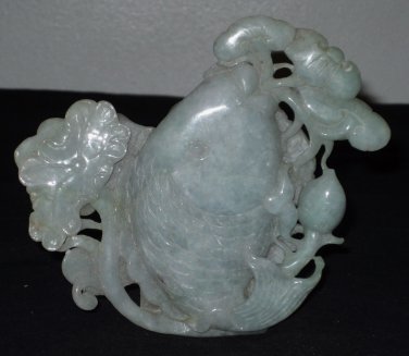 Old Natural Green A Grade Jadeite Jade Fishing Lotus Statue