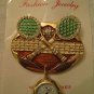 VTG Cannen Rhinestone Enamel Brooch Quartz Watch 2 & 14/16 In. Orig Card Un Worn