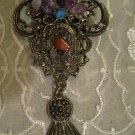 Vintage Amethyst Turqouise Jasper Filigree Brasstone Dangle Brooch 3 & 1/2 Inches Long