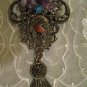Vintage Amethyst Turqouise Jasper Filigree Brasstone Dangle Brooch 3 & 1/2 Inches Long