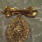 1928 Brooch Porcelain Rose Pink Faux Pearl Filigree Bow & Pendant Goldtone Metal