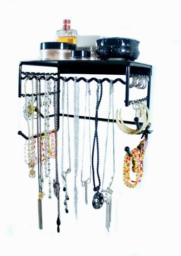 10" Wall Mounted Jewellery Organiser Shelf for Earrings, Bracelets, Necklaces-Black