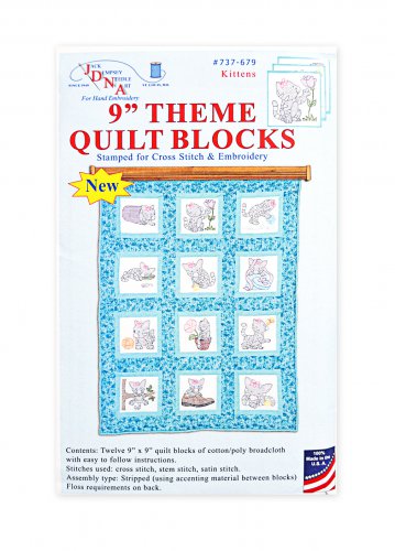 9in Kittens Theme Quilt Blocks Stamped for Cross Stitch and Embroidery