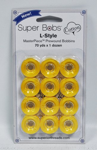 Super Bobs MasterPiece Cotton 70yd Prewound Bobbins 12ct L-Style Simply Yellow