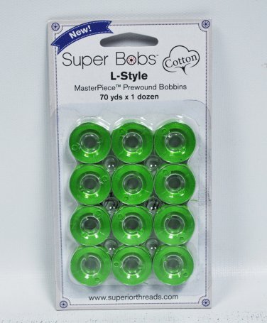 Super Bobs MasterPiece Cotton 70yd Prewound Bobbins 12ct L-Style Green With Envy