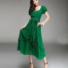 Fashion Short Ruffled Sleeves Irregular Hem U-Neck Long Chiffon Dress Solid Color Maxi Dress