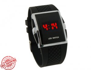Square Stainless Steel Back Men's Digital Electronic LED Watch Red Light (Black)