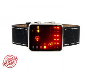Cool Black Binary Display PU Leather Band LED Watch (Black)