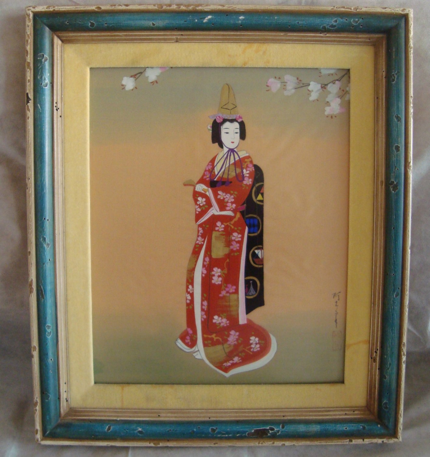 VINTAGE GEISHA JAPANESE GIRL IN RED KIMONO PAINTING ART ON SILK 18" X