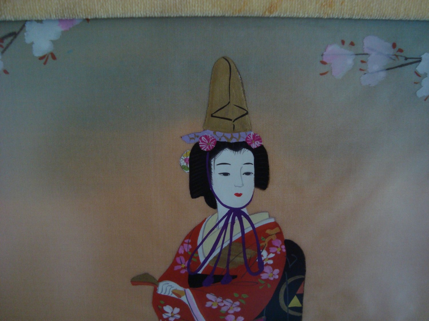 VINTAGE GEISHA JAPANESE GIRL IN RED KIMONO PAINTING ART ON SILK 18" X