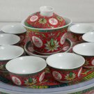 CHINESE Style Ceramic RED Color Traditional Design GAIWAN Teacup and 6 Small Cup