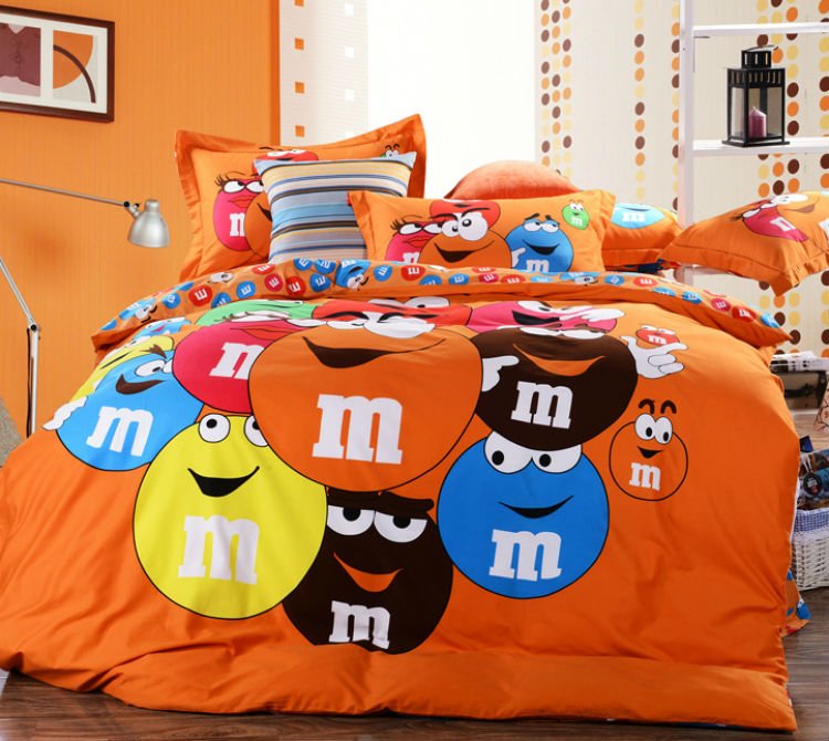 M & M Cartoon QUEEN SIZE Bed ORANGE Color BED SHEET 4 PCS COTTON