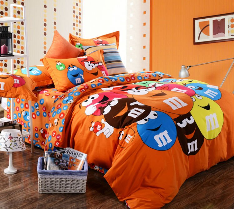 M & M Cartoon QUEEN SIZE Bed ORANGE Color BED SHEET 4 PCS COTTON