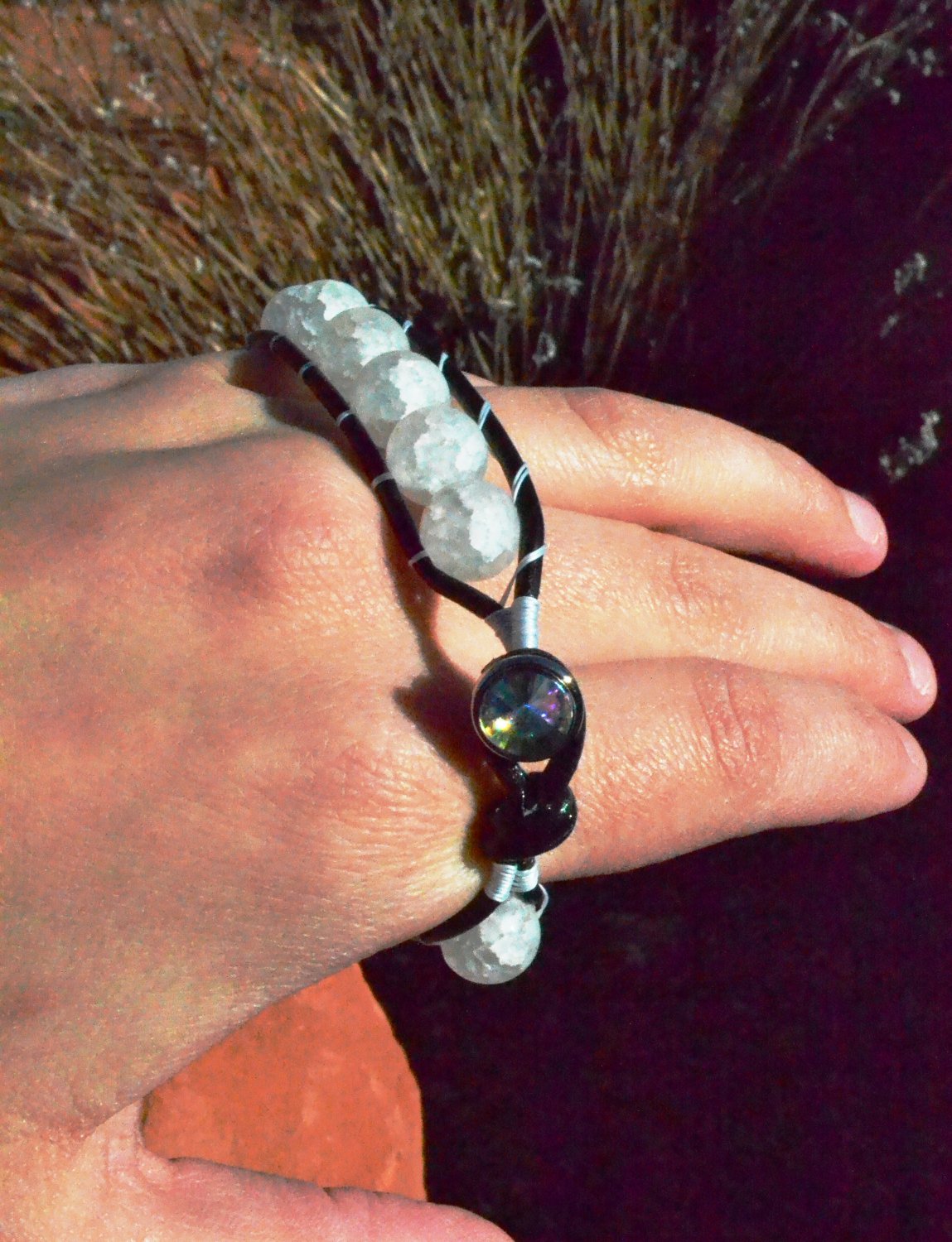 Black Leather Wrap Bracelet Round Matte Crystal Quartz Stones