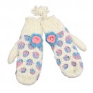 Hand Knitted Mitten with Shoulder Strap Fleece Liner Blue Pink Flower White GL00005WT