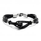 8-Strand Pewter T Clip Clasp Leather Bracelet Black  BR00274