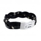 Wide Braid with T Clip Clasp Leather Bracelet Black BR00275