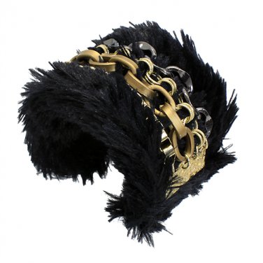 Multi Chain Soft Fur Cuff Bangle Bracelet Black BR00279-BK