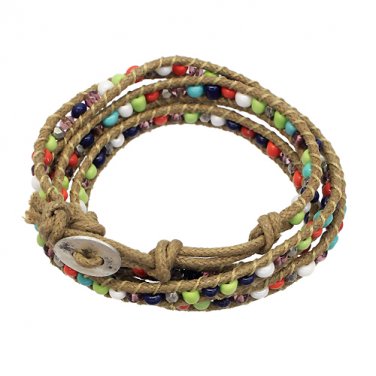 Beaded Brown String Cord with Button Knot Closure Wrap Bracelet Multi-Colored  BR00296MT