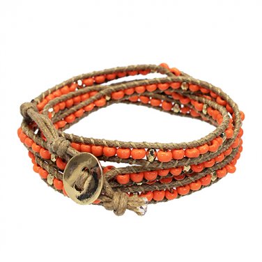Beaded Brown String Cord with Button Knot Closure Wrap Bracelet Orange BR00296OR