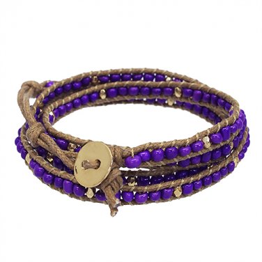 Beaded Brown String Cord with Button Knot Closure Wrap Bracelet Purple BR00296PU