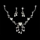 Bridal Wedding Jewelry Set Crystal Rhinestone Floral Pearl Necklace Silver JS00351RDCLWT