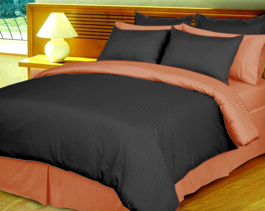 Twin/Twin XL Size Black and Rust Reversible Stripe Duvet Cover 3PC Microfiber 1200TC