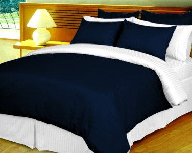 King/Cal King Size Navy and White Reversible Stripe Duvet Cover 3PC Microfiber 1200TC