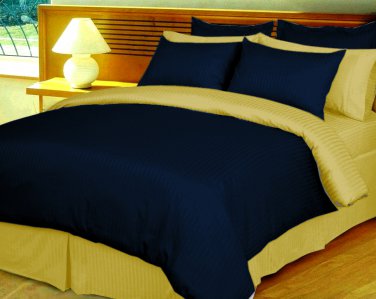 King/Cal King Size Navy and Gold Reversible Stripe Duvet Cover 3PC Microfiber 1200TC