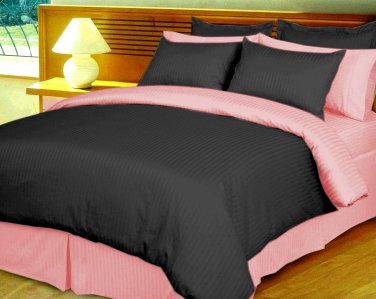 King/Cal King Size Black and Pink Reversible Stripe Duvet Cover 3PC Microfiber 1200TC