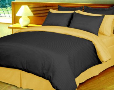 King/Cal King Size Black and Gold Reversible Stripe Duvet Cover 3PC Microfiber 1200TC