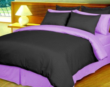 King/Cal King Size Black and Lilac Reversible Stripe Duvet Cover 3PC Microfiber 1200TC