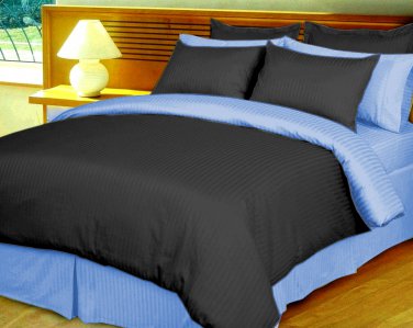 King/Cal King Size Black and Blue Reversible Stripe Duvet Cover 3PC Microfiber 1200TC