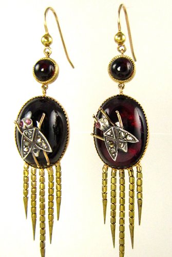 AUTHENTIC FRINGED VICTORIAN CABOCHON GARNET DIAMOND EARRINGS CIRCA 1870 RARE!