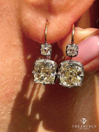 Antique 6.24ct Old Cushion Cut Diamond Dormeuse Drop 18k Gold Earrings
