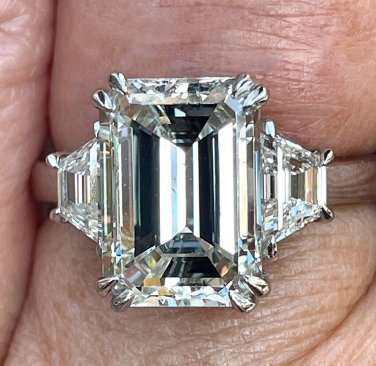 GIA 4.29ct EMERALD Cut & Trapezoids 3 Stone Diamond Engagement Platinum Ring