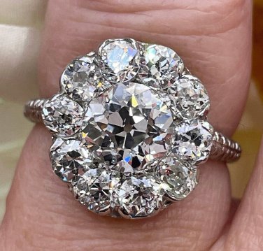 Antique Edwardian 1900s GIA H-VS2 3.38ctw OLD Euro Cut Diamond Cluster Plat Ring