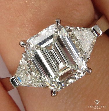 GIA 2.62ct Estate EMERALD cut Diamond 3 Stone Engagement Platinum Wedding Ring