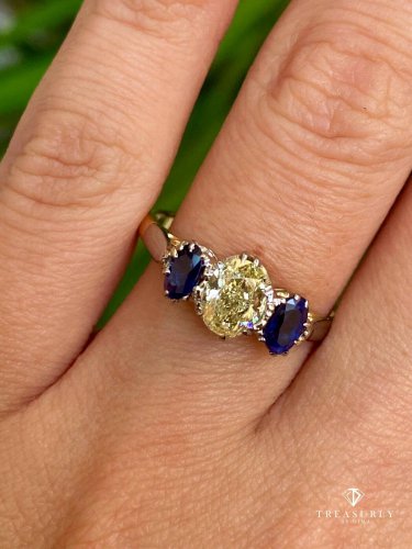 GIA "Canary" 1.54ct Yellow OVAL Diamond Sapphire 3-stone Pt 18k Engagement Ring