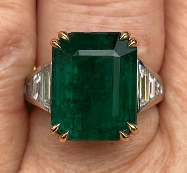 GIA 10.05ct Step cut Rectangular Green Emerald Diamond Plat 18k YG Ring