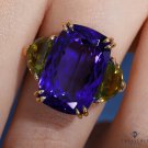 GIA 17.23CT ESTATE BLUEVIOLET CUSHION TANZANITE PERIDOT DIAMOND TRILOGY RING 18K