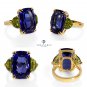GIA 17.23CT ESTATE BLUEVIOLET CUSHION TANZANITE PERIDOT DIAMOND TRILOGY RING 18K