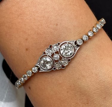 Antique 2.68ct 2 Stone Old Euro Diamond Bezel Set Tennis Line 14K Plat BRACELET