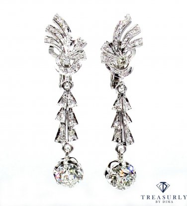 GIA ANTIQUE ART DECO 3.25CTW OLD EUROPEAN DIAMOND DANGLING DROP 18K EARRINGS
