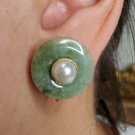 1930 Antique Vintage Jade and Pearl 14k Yellow Gold Stud Earrings Screw on Clip