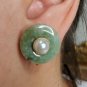 1930 Antique Vintage Jade and Pearl 14k Yellow Gold Stud Earrings Screw on Clip