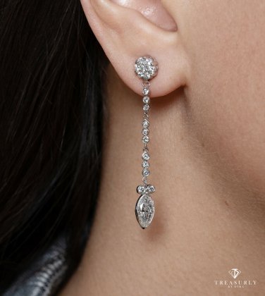 GIA 2.84CT MARQUISE ROUND DIAMOND DANGLING DROP 14K W GOLD VINTAGE EARRINGS