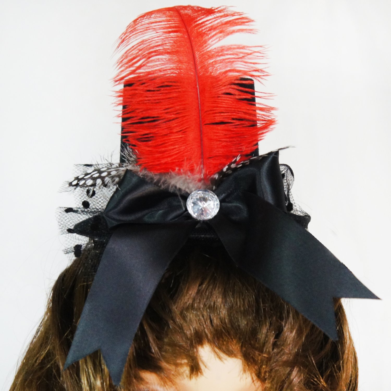 Black ClipOn Top Hat With Red Feather, Black Bow and Polka Dot